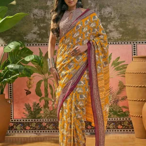 Ready To Wear Yellow Cotton Printed Saree