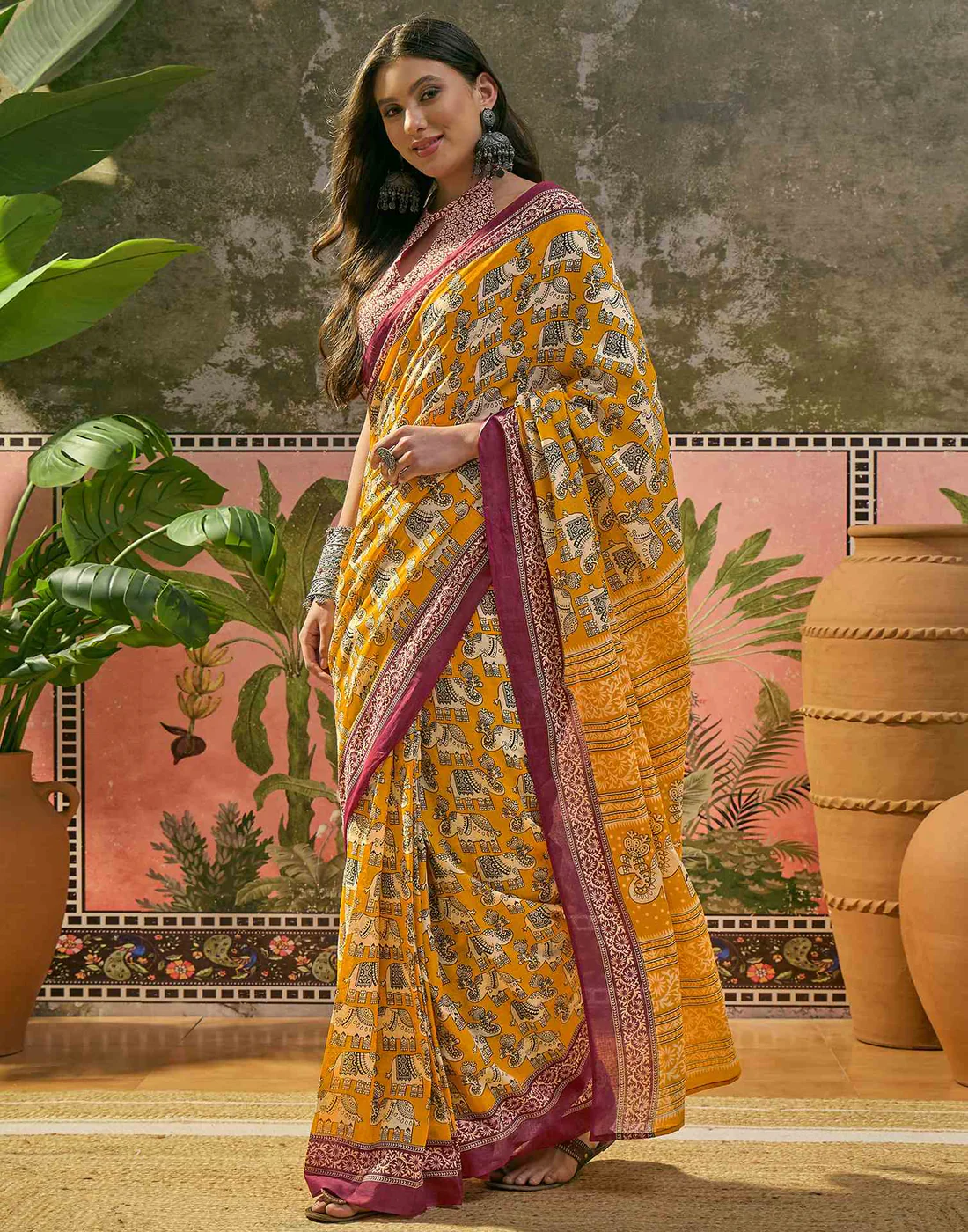 Ready To Wear Yellow Cotton Printed Saree - Image 3