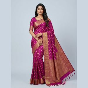 Key Features Premium Banarasi Silk Fabric Elegant Golden Zari Buti Design Rich Woven Zari Border Designer Traditional Pallu Matching Blouse Piece Included Soft, Comfortable & Lightweight Drape Ideal for Weddings, Festivals & Parties Product Specifications Color: Magenta / Rani Pink Fabric: Banarasi Silk Work: Golden Zari Weaving Pattern: Polka Buti Border: Broad Zari Border Pallu: Rich Woven Pallu Blouse: Unstitched Matching Blouse Piece Occasion: Wedding, Festive, Party Wear, Traditional Functions