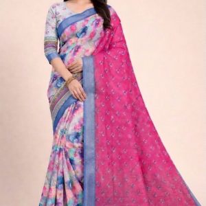 Linen Saree with Magenta Pallu